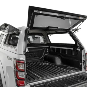 Isuzu D-Max 4x4 with EGR Core Canopy, rear door and side windows open to reveal spacious cargo area.