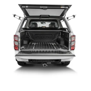 Rear view of Isuzu D-Max 4x4 with EGR Core Canopy, tailgate and canopy door open showing spacious tub.