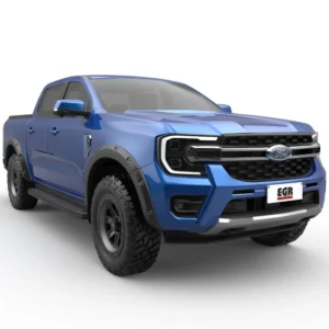 Angled front-side view of blue Ford Ranger RA 2022 with EGR bolt-on fender flares.