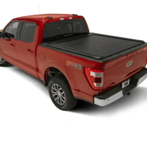 Red Ford F-150 with EGR RollTrac tonneau cover installed on truck bed