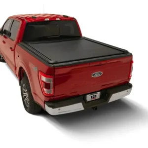 Red Ford F-150 featuring EGR RollTrac electric tonneau cover closed on truck bed