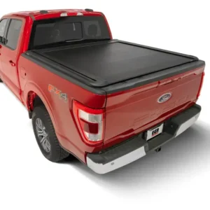 Red Ford F-150 with EGR RollTrac electric tonneau cover fully closed