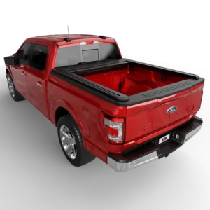Ford F-150 with EGR RollTrac Manual Cover Closed Red Ford F-150 with open truck bed and EGR RollTrac manual tonneau cover