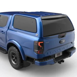 Rear three-quarter view of Ford Ranger RA (2022+) with EGR GEN3 canopy in blue.