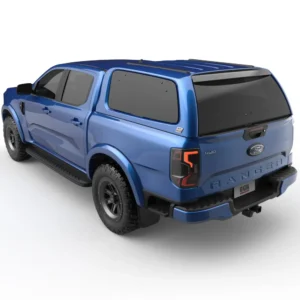 Blue Ford Ranger RA (2022+) fitted with EGR GEN3 Canopy, rear three-quarter view.