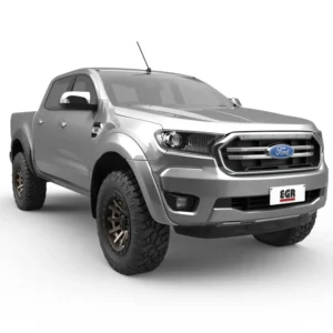 Silver Ford Ranger flares pickup truck with EGR accessories, bronze alloy wheels, and off-road tires on a white background.
