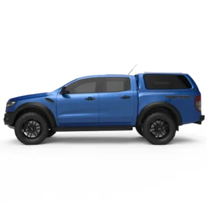 Side view of a Ford Ranger Raptor with EGR GEN3 Canopy in blue featuring sleek frameless windows.