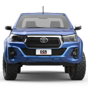Front view of a blue Toyota Hilux 2020 with EGR fender flares.
