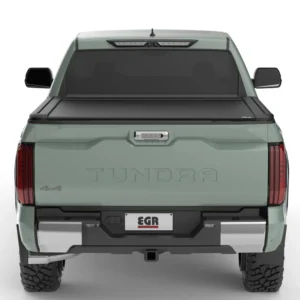 Toyota Tundra TRD Pro EGR RollTrac Electric Roller Cover - Angled Rear Toyota Tundra 2022 with EGR RollTrac Electric roller cover closed, rear view
