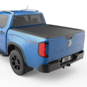 Blue Volkswagen Amarok 4Motion with EGR RollTrac roller cover closed on the truck bed.