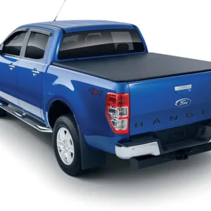 Blue Ford Ranger XLT with EGR Soft Tonneau Cover – rear angle view