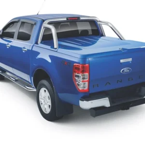 Blue Ford Ranger fitted with EGR Hard Lid 3-Piece tonneau cover – rear angle view