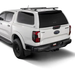 White Ford Ranger with EGR canopy and roof rack crossbars installed