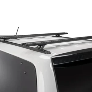 Heavy-duty black roof rack crossbars mounted on a white vehicle canopy
