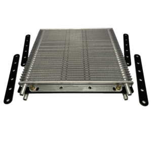 Heavy duty transmission oil cooler with mounting brackets for dual cooler installation.