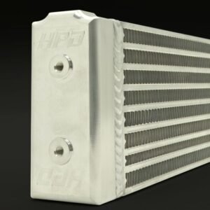 Close-up view of HPD performance intercooler core with precision welds