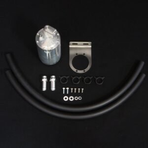 HPD catch can kit with hoses, fittings, clamps, and mounting bracket on black background