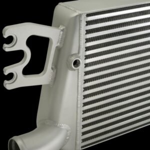 Close-up of HPD performance intercooler for Isuzu D-Max showing welds and core design