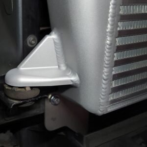 Close-up view of performance intercooler mounting bracket and welds