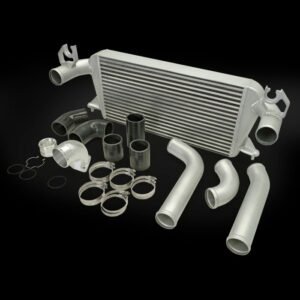 Complete performance intercooler kit with pipes, silicone hoses, and clamps