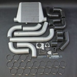Complete front-mount intercooler kit with piping, silicone hoses, clamps, and hardware.