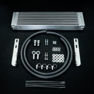 Complete Toyota Hilux/Fortuner 1GD 2.8L transmission cooler kit with aluminum core, hoses, brackets, and fittings.