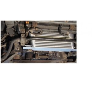 Heavy-Duty Front Mount Intercooler with Installation Kit Front-mounted intercooler installed under vehicle chassis for enhanced cooling performance.