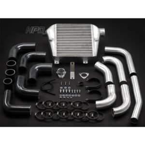 HPD front mount intercooler kit with alloy piping, silicone hoses, and clamps