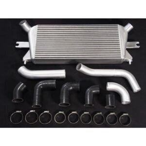 Front mount intercooler kit with aluminium piping, silicone hoses, and clamps