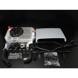 HPD Nissan Patrol GQ TD42 top-mount intercooler kit with fan, bonnet scoop, piping, and installation hardware