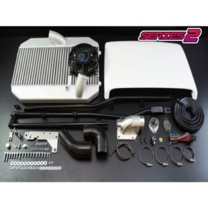 HPD Toyota Landcruiser 70 Series 1HD-FTE Series 2 Intercooler Kit with fan, piping, hoses, clamps, and mounting hardware.