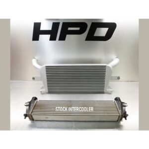 Complete HPD Intercooler Kit with Piping, Hoses, and Clamps High Performance Diesel intercooler upgrade compared to stock intercooler unit.