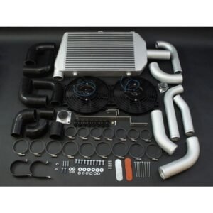 Complete Nissan Patrol GU TD42 front mount intercooler kit with piping, fans, and hardware.