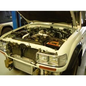 Toyota Landcruiser 80 Series 1HD-FT Front Mount Intercooler Kit Toyota Landcruiser 80 Series 1HD-FT with front mount intercooler kit fully installed, bonnet open view