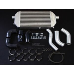 HPD front-mount intercooler kit with alloy piping, silicone hoses, and clamps.