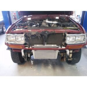Toyota Landcruiser 80 Series 1HZ with HPD front mount intercooler installed, front view with bumper removed.