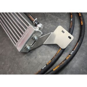 HPD transmission cooler installed with mounting bracket and hoses