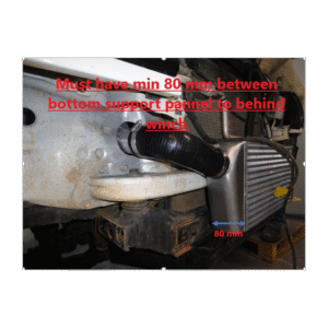 HPD front-mount intercooler clearance requirement showing 80mm space needed between support panel and winch