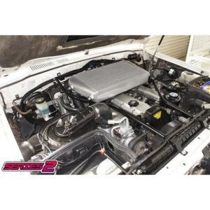 Toyota LandCruiser 80 Series 1HZ engine bay with Series 2 GT2860RS turbocharger and top-mount intercooler