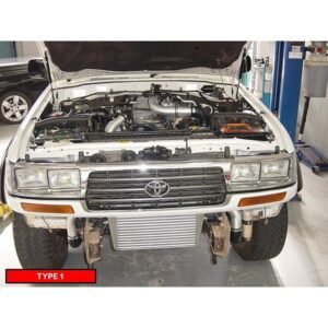 Toyota LandCruiser 80 Series 1HZ front view with Type 1 GT2860RS turbo and intercooler kit installed