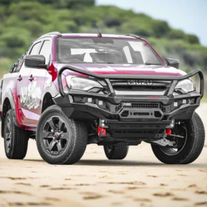 Prime Series Hoop Bull Bar fitted on red Isuzu D-Max 2024 parked on the beach