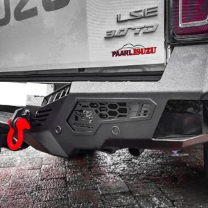 Close-up of Combat Rear Bar on Isuzu D-Max 2020+ showing red recovery point and Armando logo