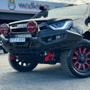 Spartan Bull Bar fitted on Isuzu D-Max 2021–2023 with red accents and off-road accessories