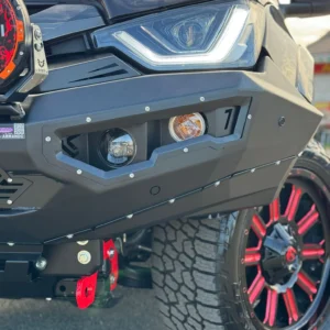 Close-up of Spartan Bull Bar on Isuzu D-Max 2021–2023 showing LED fog lights and red recovery points