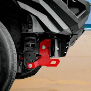 Close-up of Spartan bull bar red recovery point on Mitsubishi Triton MR 2019–2023 at the beach
