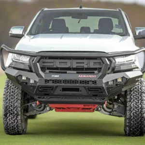 Front-on view of Ford Ranger PXIII fitted with Armando 4x4 Spartan Hoop Bull Bar on grassy terrain
