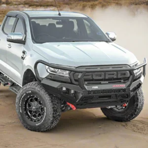 Ford Ranger PXIII fitted with Armando 4x4 Spartan Hoop Bull Bar driving off-road on dusty terrain