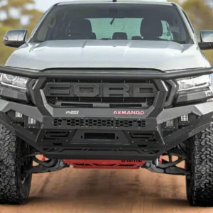 Front view of Ford Ranger PXIII with Armando 4x4 Spartan Hoop Bull Bar on dirt road