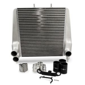 Front view of Process West Stage 2 Intercooler Kit for Next Gen Ranger Raptor with silver core and black silicone hoses.