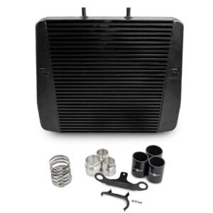 Process West Stage 2 Black Intercooler Kit for Next Gen Ranger Raptor with hardware and black silicone hoses.